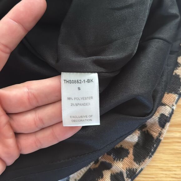 THML Women's Leopard Pintucked Dress Small Black Brown Puff Sleeve Short Casual - Picture 7 of 8